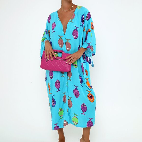 Women's Bright Blue Fish Print Button-Down Viscose Kaftan One Size Maxi Dress - Picture 1 of 5